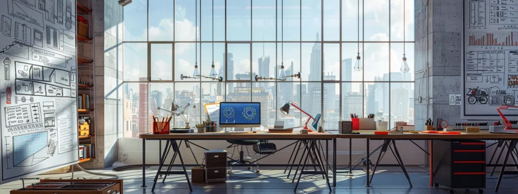 a bustling urban plumbing office, featuring a sleek, modern workspace filled with technical diagrams on the walls, high-tech plumbing tools organized efficiently on a workbench, and a large window showcasing the city skyline beyond.