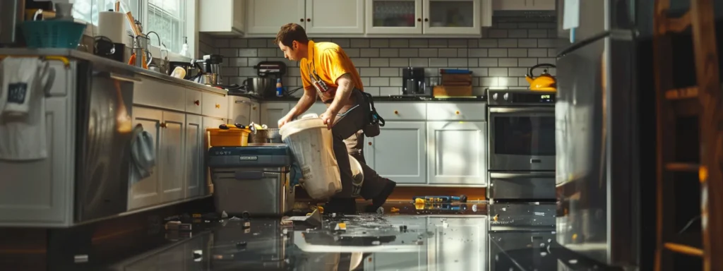 a dramatic urban plumbing emergency scene captures a professional plumber swiftly addressing a significant leak in a modern kitchen, with tools and equipment vividly displayed amidst an organized chaos, emphasizing the urgency and efficiency of emergency plumbing services.