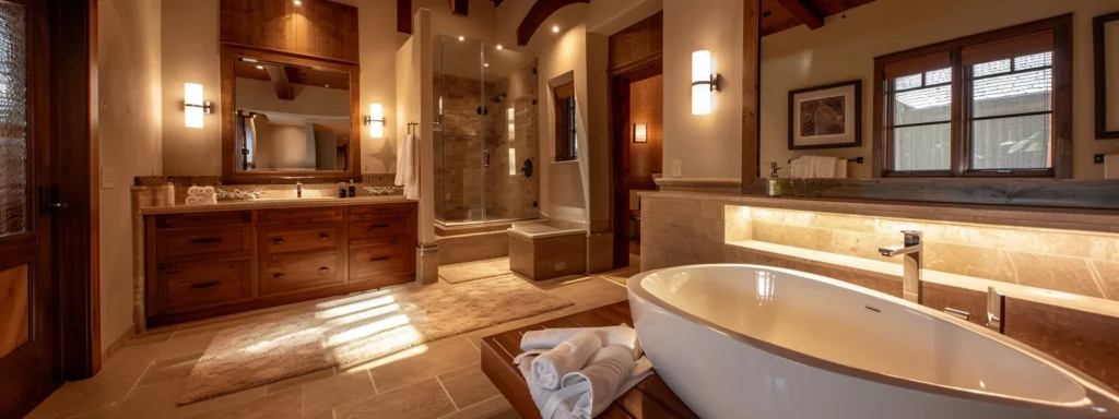 a modern, sleek bathroom showcases innovative water-saving fixtures and eco-friendly plumbing materials under warm, ambient lighting, emphasizing a commitment to sustainable practices in home design.