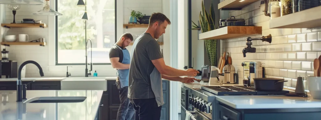 a modern, well-lit kitchen showcases a team of professional plumbers meticulously installing sleek, cutting-edge fixtures and a tankless water heater, highlighting the precision and expertise required for optimal plumbing renovations.