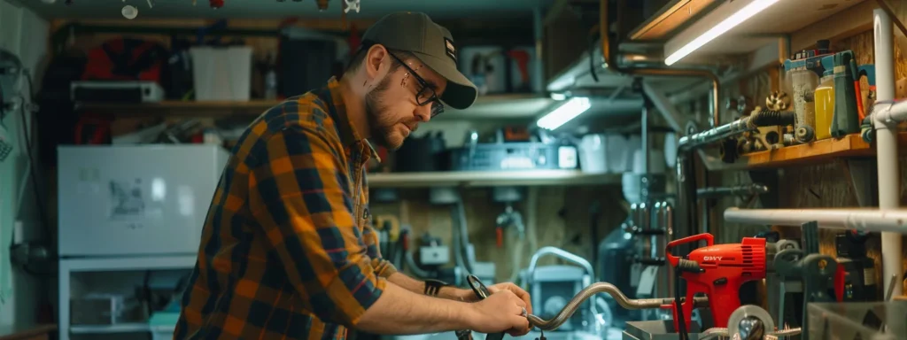 a professional plumber efficiently examines a modern home’s intricate plumbing system, surrounded by tools and equipment in a well-lit, organized basement workshop.