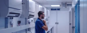 a sleek, modern hvac service office showcases a technician examining a high-efficiency air conditioning unit, with crisp white walls adorned with technical diagrams and tools, emphasizing expertise in indoor climate control.