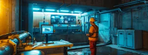 a well-equipped technician operates advanced hydro jetting equipment in a modern urban basement, illuminated by sharp artificial lighting, while screens display video pipe inspections revealing intricate details of the drainage system.