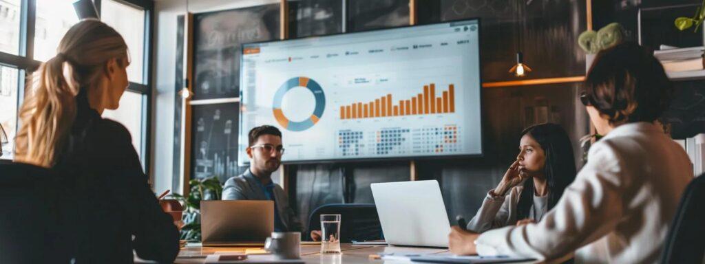 a sleek, modern office workspace filled with digital marketing materials, featuring a large screen displaying engaging graphics and analytics, as professionals collaborate around a polished conference table, embodying focused synergy in selecting the right marketing agency.