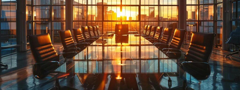 a sophisticated office conference room features a sleek glass table surrounded by modern chairs, illuminated by warm lighting, where a diverse group of professionals passionately engages in a dynamic discussion about selecting the ideal marketing agency for their brand.