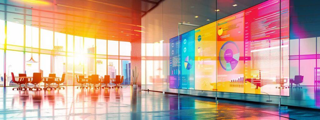 a modern office setting showcases a dynamic meeting between a marketing team and their client, emphasizing collaboration with colorful charts and digital screens highlighting growth strategies, all illuminated by bright overhead lighting.