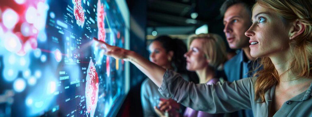 a modern, sleek office setting showcases a diverse group of professionals engaged in a dynamic discussion around a digital display, analyzing graphs and marketing strategies to evaluate the comparative value of various marketing agency pricing models.