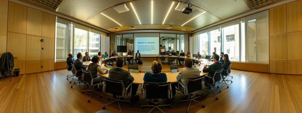 a sleek conference room with a modern round table, surrounded by diverse professionals engaging in a dynamic discussion, as they review critical questions on a digital screen, highlighting a strategic and collaborative atmosphere during the agency selection process.