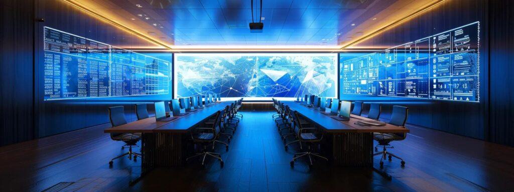 a sleek, modern office boardroom adorned with digital screens displaying data analytics and marketing metrics, where a diverse team engages in focused discussion, emphasizing collaboration and strategic alignment for brand success.