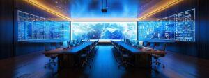 a sleek, modern office boardroom adorned with digital screens displaying data analytics and marketing metrics, where a diverse team engages in focused discussion, emphasizing collaboration and strategic alignment for brand success.