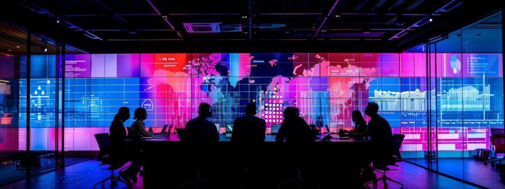 a sleek, modern office conference room features a diverse team engaged in a dynamic brainstorming session, surrounded by digital screens displaying marketing analytics and brand goal frameworks, illuminated by bright, focused artificial lighting.