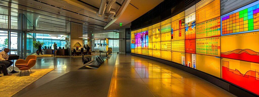 a sleek, modern office meeting room features a large digital display showcasing vibrant data analytics and communication metrics, with a team of diverse professionals engaged in a dynamic discussion about optimizing their digital marketing strategies.