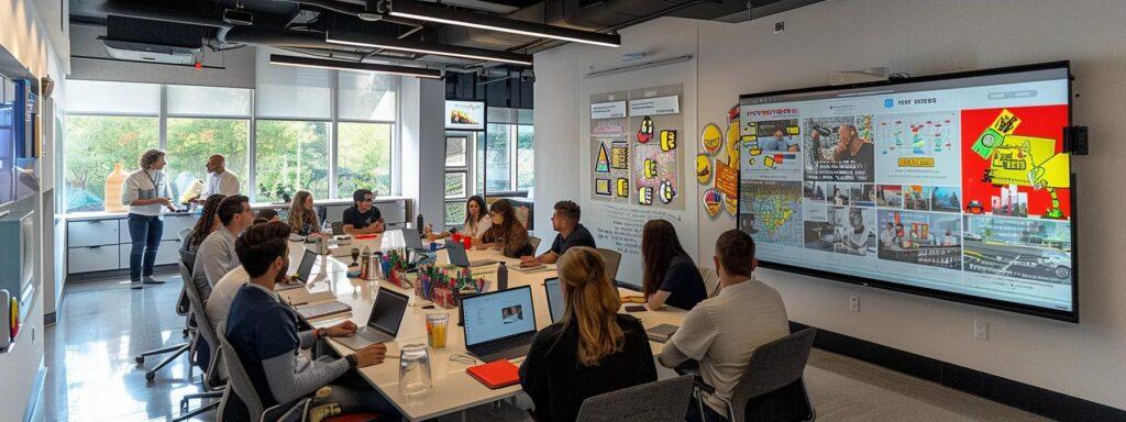 an engaging office environment featuring a diverse team collaboratively brainstorming at a sleek conference table, surrounded by vibrant visual aids and digital devices, exemplifying the strategic partnership between a marketing agency and a brand focused on growth and innovation.